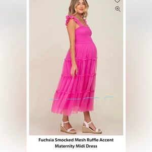 Bibi Fuchsia Smocked Mesh Ruffle Accent Maternity Midi Dress (Shortened)